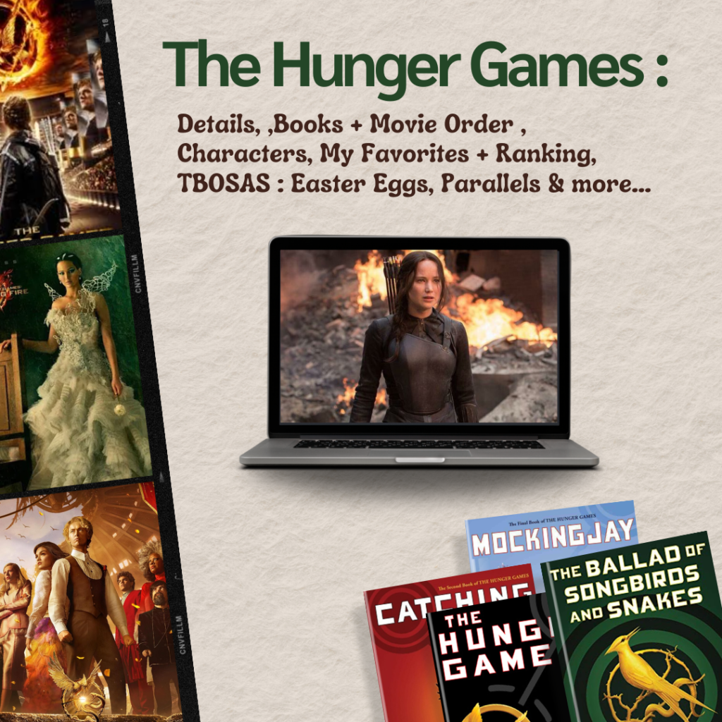 The Hunger Games Guide : Details, Books + Movie Orders , Characters, My Favorites + Ranking, TBOSAS : Easter Eggs, Parallels & more...